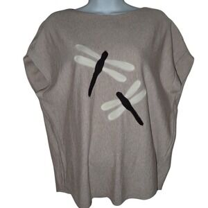 Aaeda Womens M Boxy Knit Dragonfly Graphic Top Taupe Boat Neck Cap Sleeve